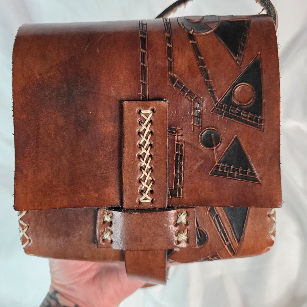 Handmade Tooled Leather Crossbody Bag Boho Tribal Geometric Small Satchel Brown